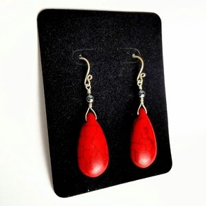 🆕️ .999 Silver & Turquoise Dangle Earrings Teardrop Red